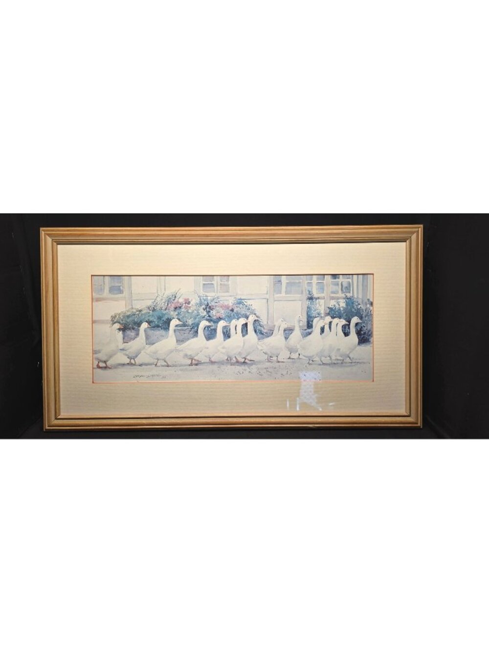 Vintage "Dinner Call" Framed Print Country Geese Art by Dawna Barton Cottagecore